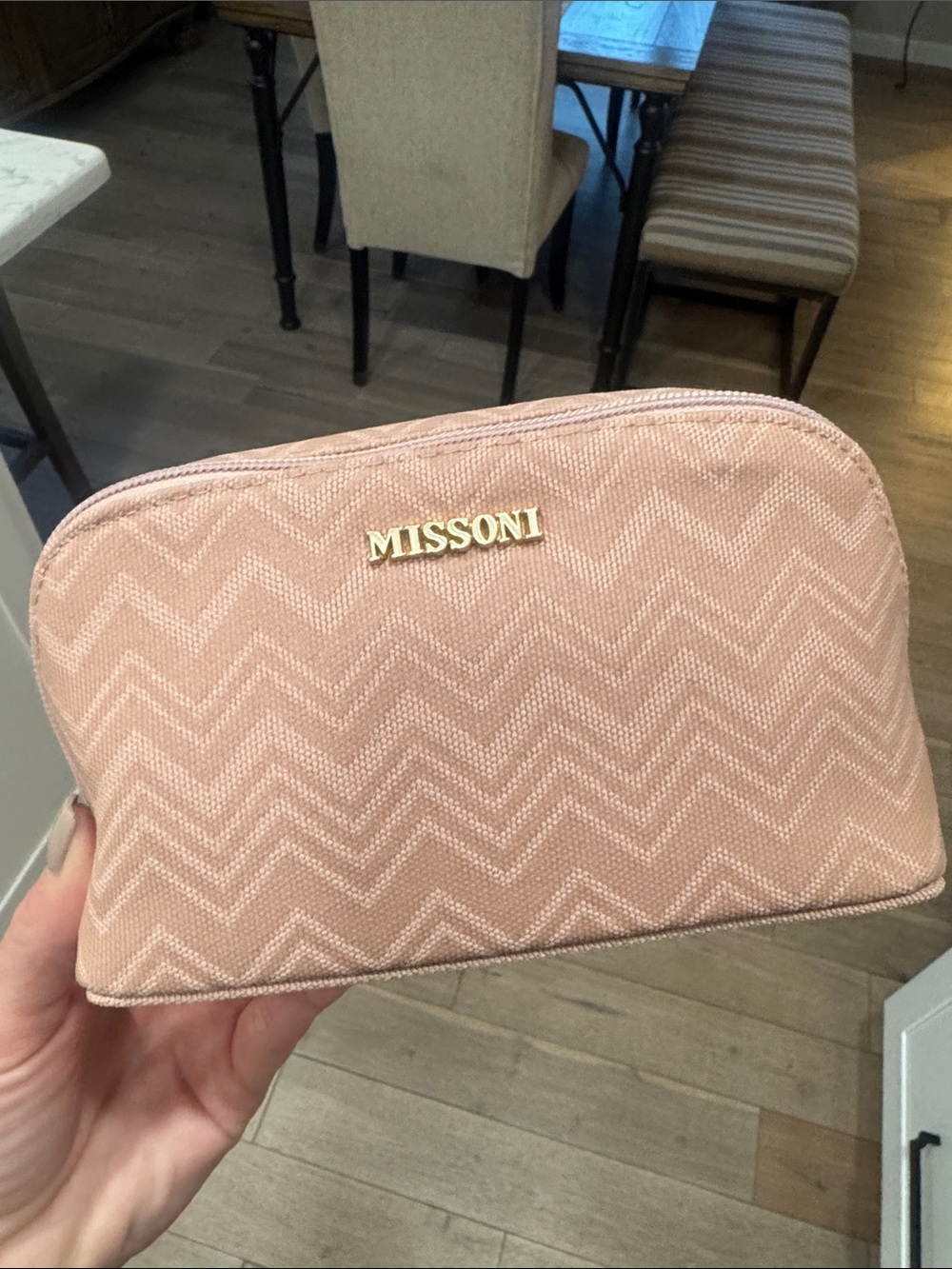 Missoni Blush Pink Chevron Zip Cosmetic Case filled with Delta One goodies